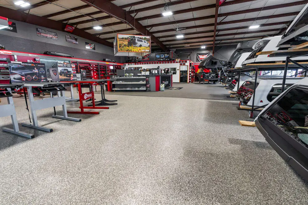 Commercial showroom floor with professional concrete coating