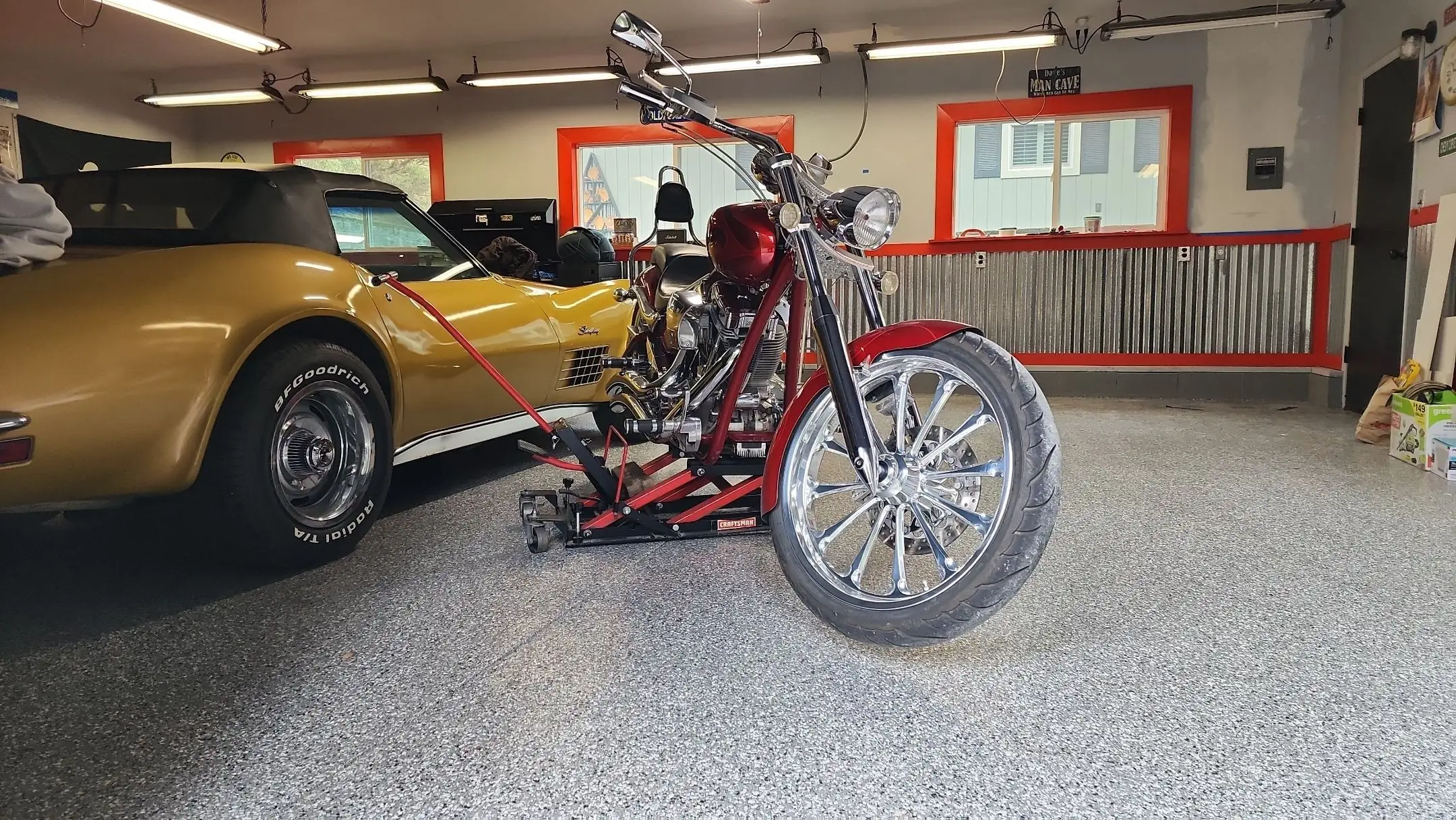Workshop garage floor with professional coating and motorcycle storage